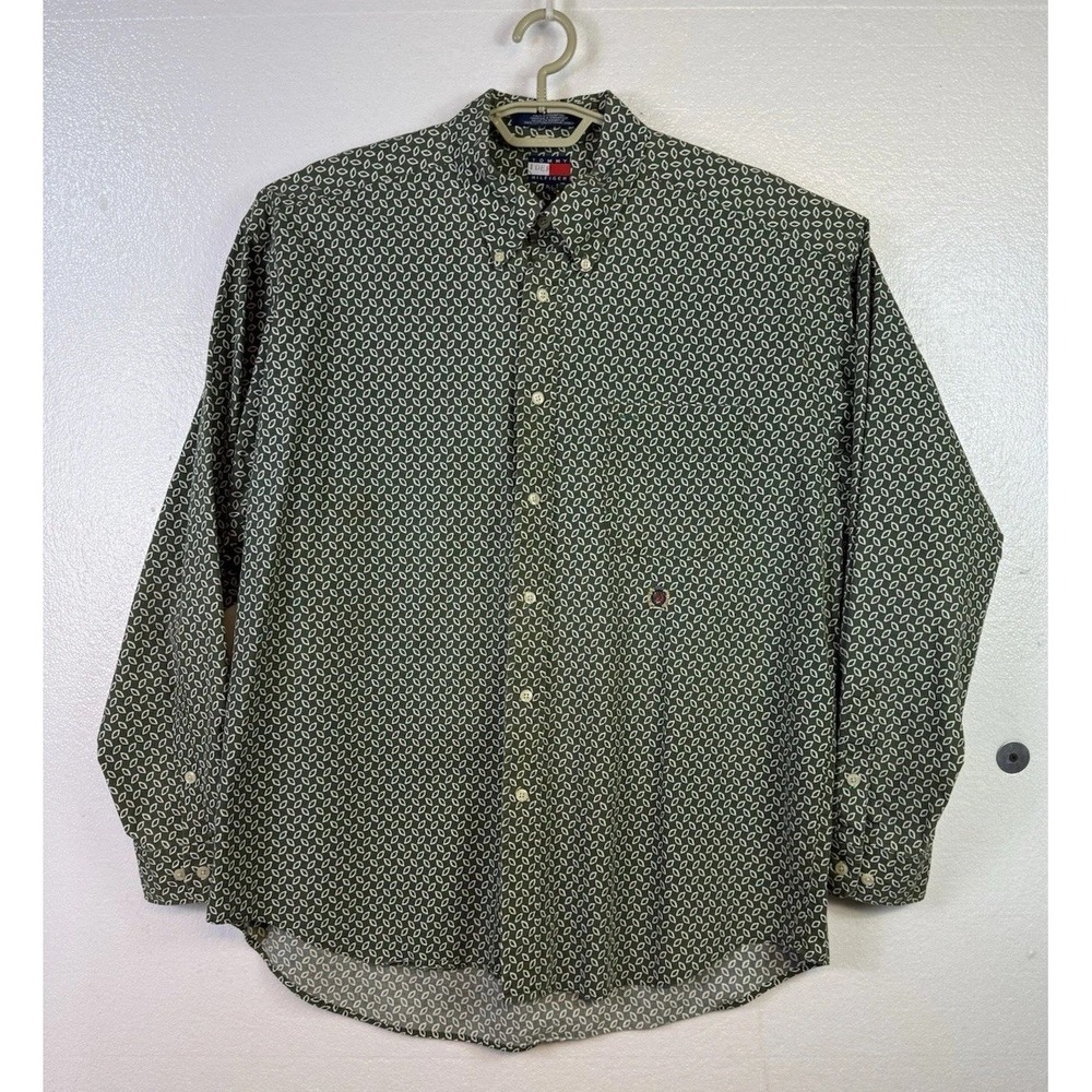 Vtg Tommy Hilfiger Mens Sz XL Button Down Green Shirt Geometric Crest Logo Y2K